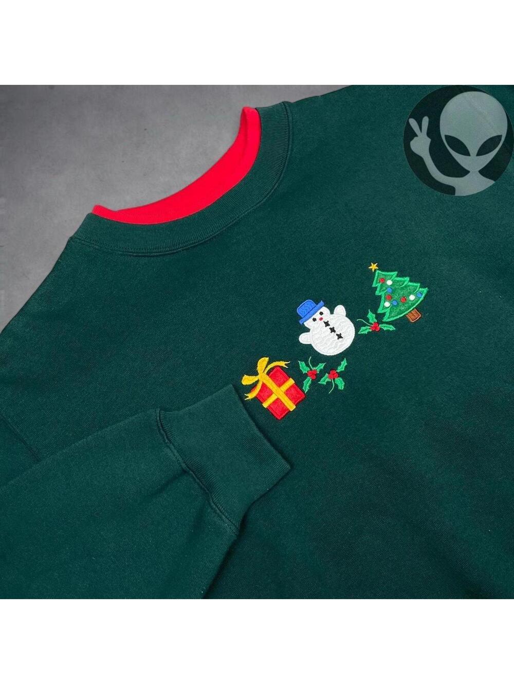 Vintage 90s Christmas Embroidered Sweatshirt Womens XL Green Double Collar Snow - Picture 2 of 6